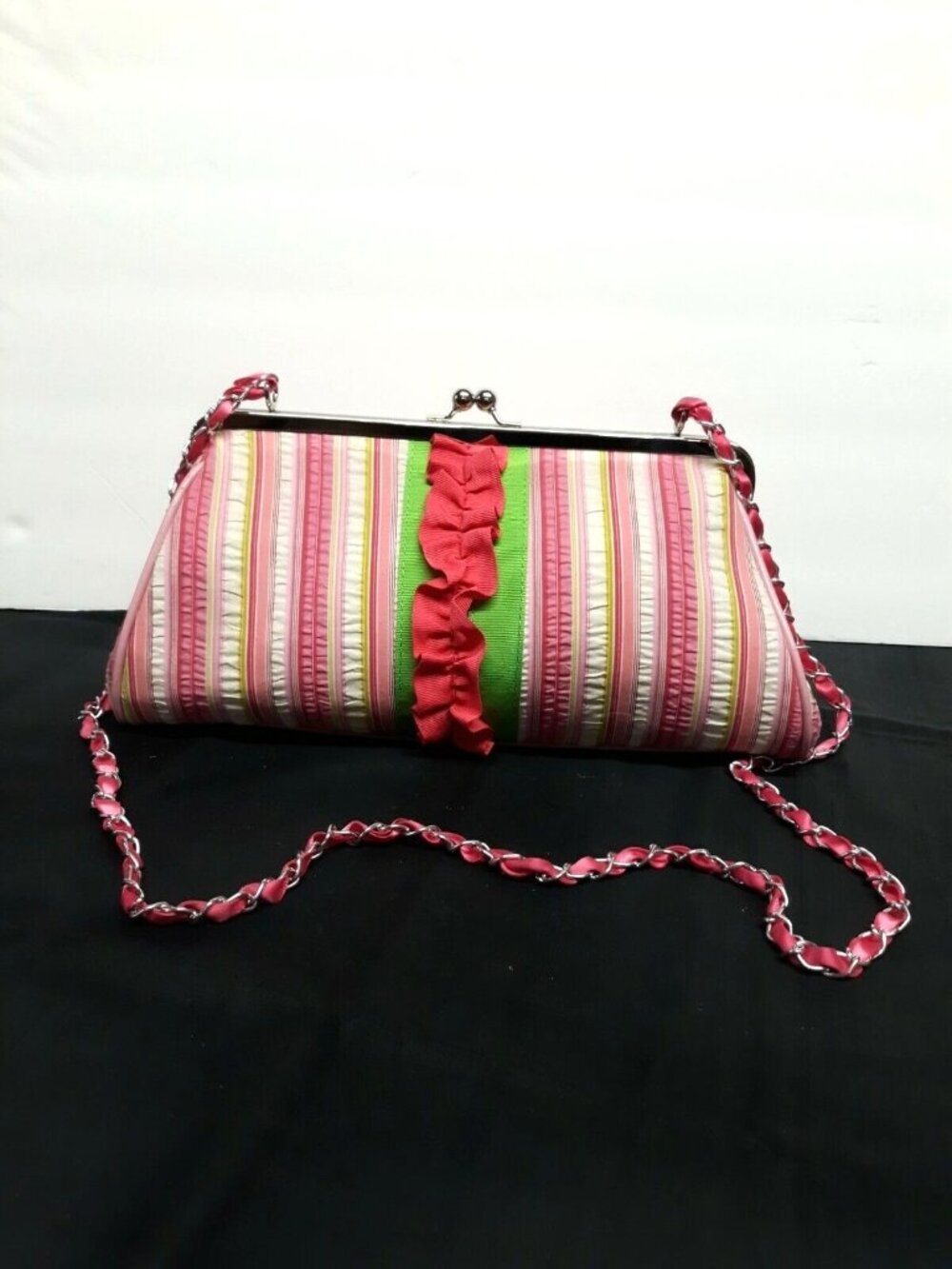 Braciano Purse - Pink & Green Seersucker Material w/ long Chain